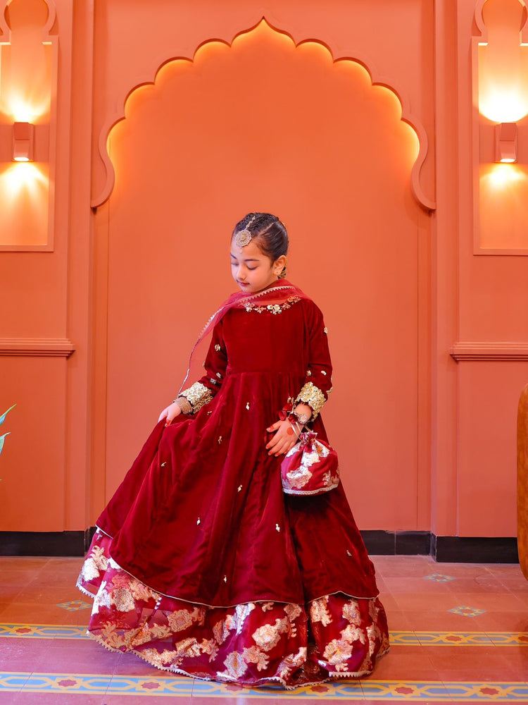 The Falak lehenga frock set(maroon)